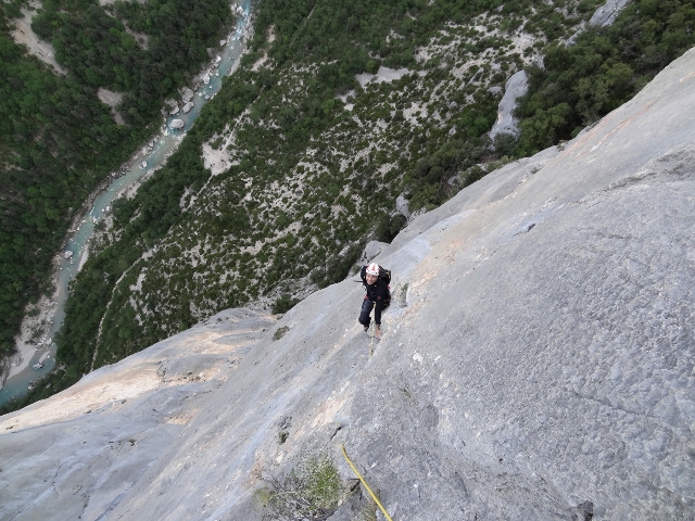 Photo: The crux 7a+ and river 400m below