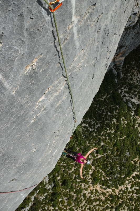 Photo: Rachel DeHaan 'way out there' above the Verdon on Pichenibule 